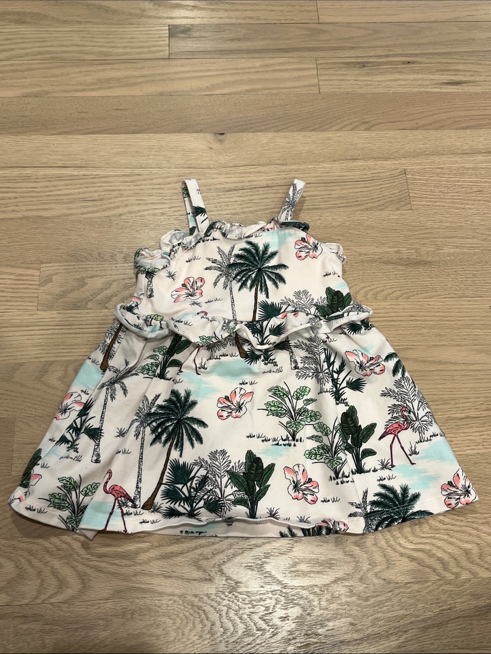 Janie and Jack Tropical Palm & Flamingo Print Sundress in Green & light Pink